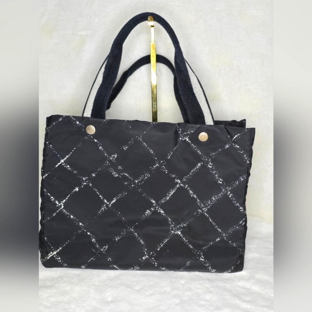 Chanel Authentic Women's Luxury Bag Travel Line Tote Printed Black Nylo…